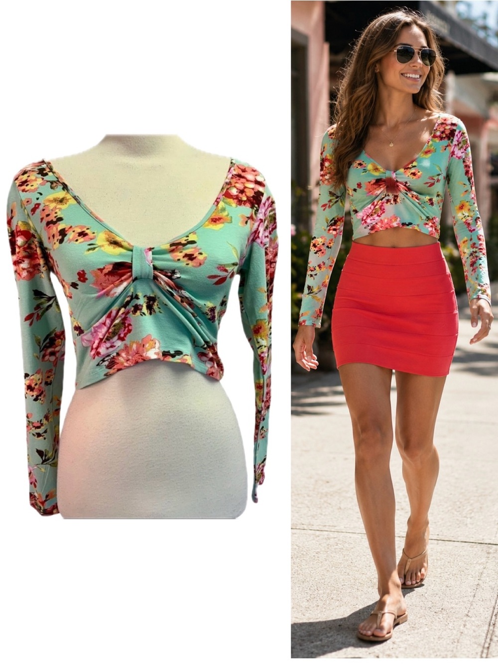 Mint Green Floral Twist Front Long Sleeve Crop Top Size M Boho Y2K